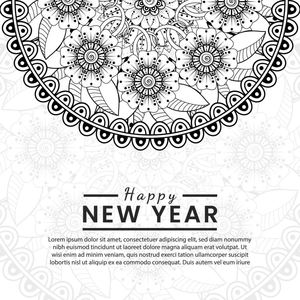 bannière ou modèle de carte de bonne année avec fleur de mehndi vecteur