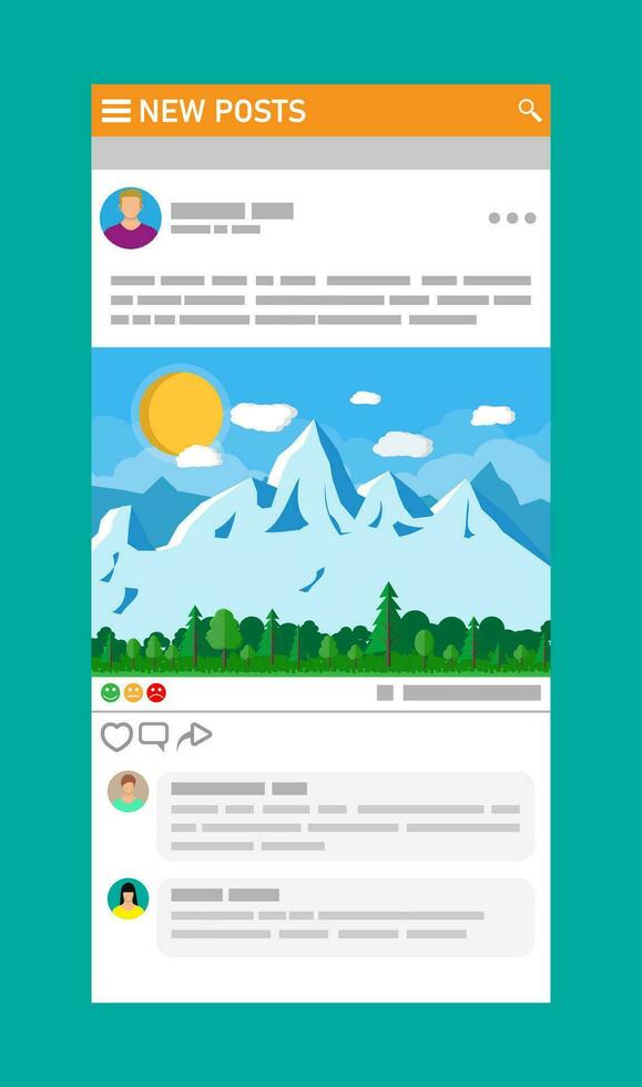 social réseau interface modèle. nouvelles Publier cadres pages sur mobile appareil. utilisateurs commentaire sur photo. social Ressources application moquer en haut. vecteur illustration dans plat style