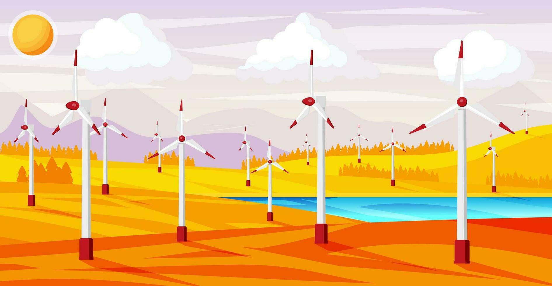 vent ferme dans l'automne des champs parmi des arbres. la nature paysage avec moderne Moulins à vent. vert énergie concept bannière. écologie alternative énergie la source technologie. plat vecteur illustration