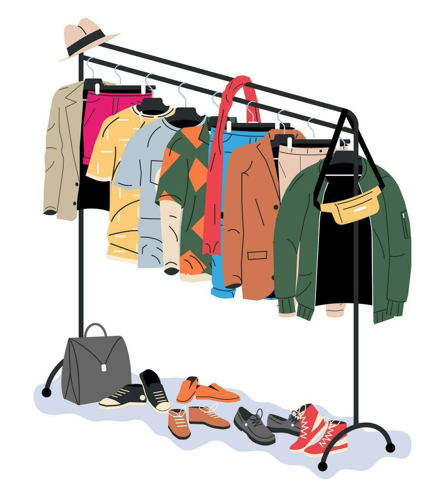 vêtements et accessoires pendaison sur cintre. Accueil ou magasin garde-robe. vêtements et accessoires. divers pendaison vêtements. veste, chemise, jeans, pantalon, Sacs, des chaussures et Chapeaux. dessin animé plat vecteur illustration