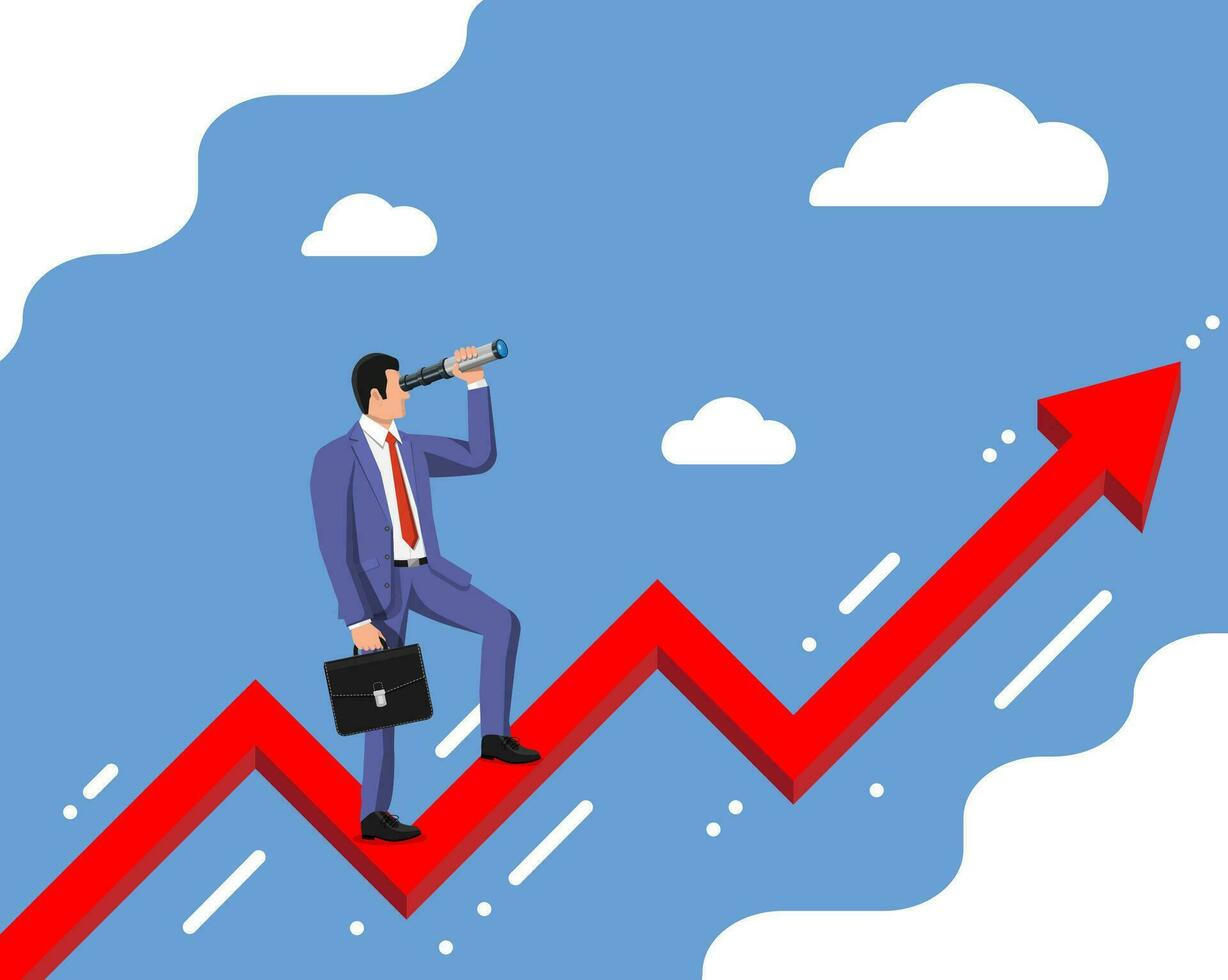 homme d'affaire avec mallette à la recherche pour Opportunités dans longue-vue. affaires homme Regardez en haut à le cible sur graphique échelle. succès, réalisation, affaires vision carrière but. plat vecteur illustration