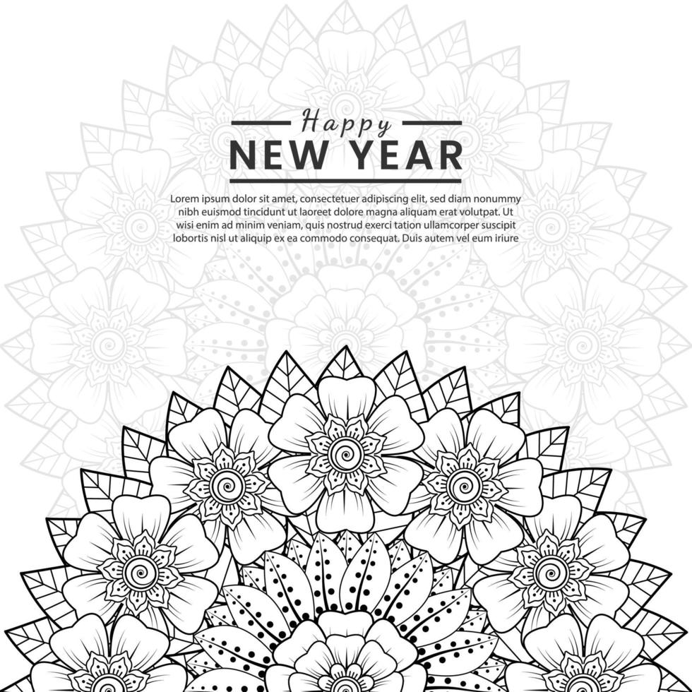 bannière ou modèle de carte de bonne année avec fleur de mehndi vecteur