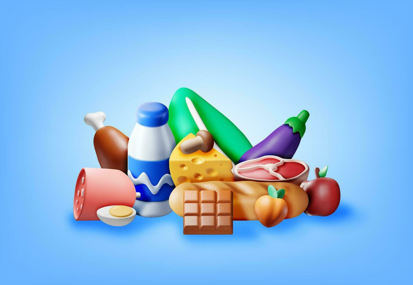 3d collection de Frais des produits. rendre épicerie boutique ensemble supermarché. nourriture et boissons. lait, légumes, Viande poulet, fromage, saucisse, salade, pain, Chocolat et œuf. vecteur illustration