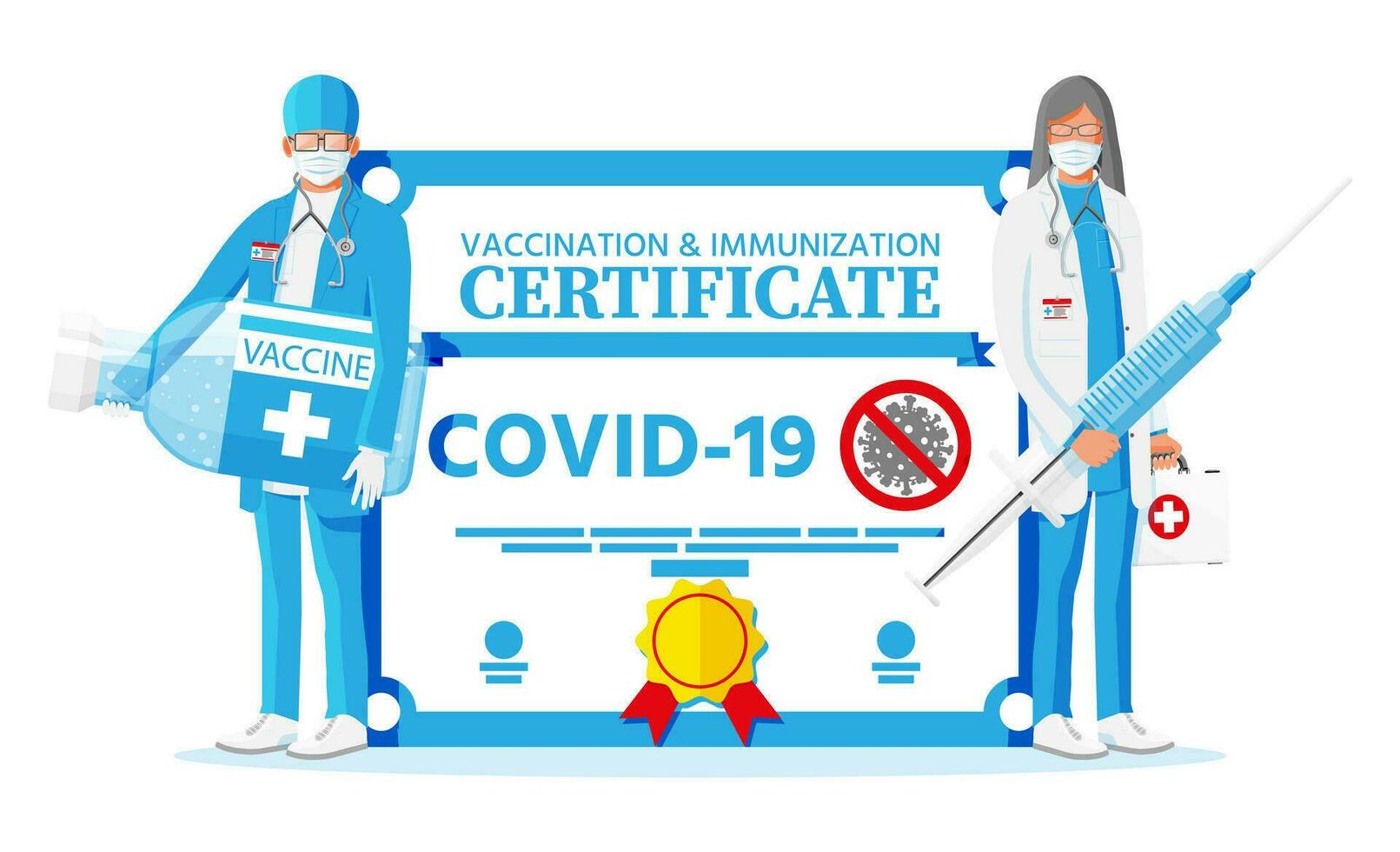 covid-19 vaccination passeport. vacciné santé document comme preuve la personne est immunitaire à maladie. coronavirus immunitaire passer, médecins, seringue. couronne virus vaccin certification. plat vecteur illustration