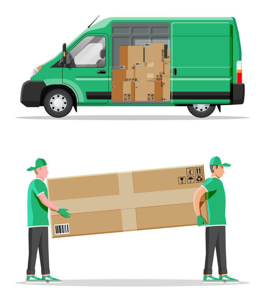 livraison van plein de papier carton des boites isolé sur blanche. Express livrer prestations de service commercial camion. concept de vite et gratuit livraison par auto. cargaison et la logistique. dessin animé plat vecteur illustration