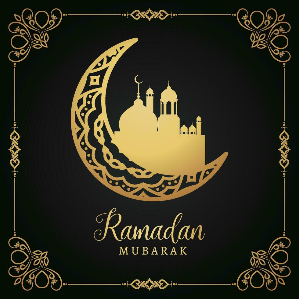 Ramadan mubarak salutation carte avec d'or croissant et mosquée sur noir Contexte vecteur
