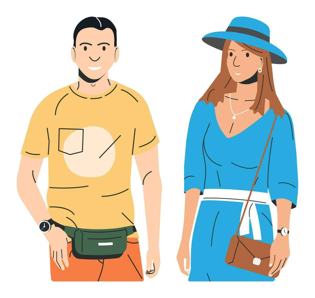 femmes dans chapeau et homme dans short isolé. mode fille avec sac dans longue robe. branché homme dans décontractée vêtements avec taille sac. à la mode mode de vie. plat vecteur illustration