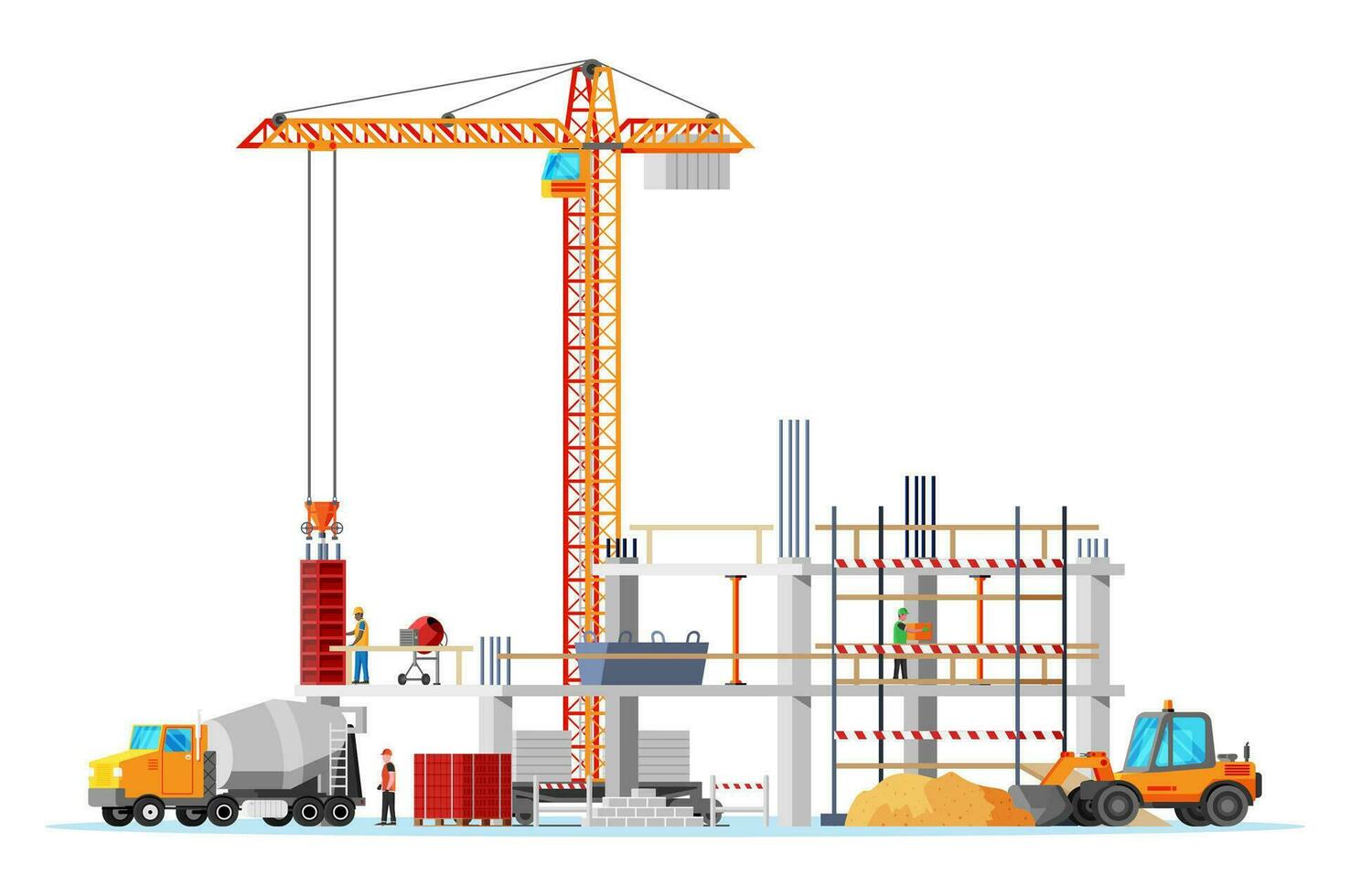 construction site bannière. un camion voiture, ouvriers, béton pieux, la tour grue. en dessous de construction conception Contexte. bâtiment matériaux et équipement. dessin animé plat vecteur illustration