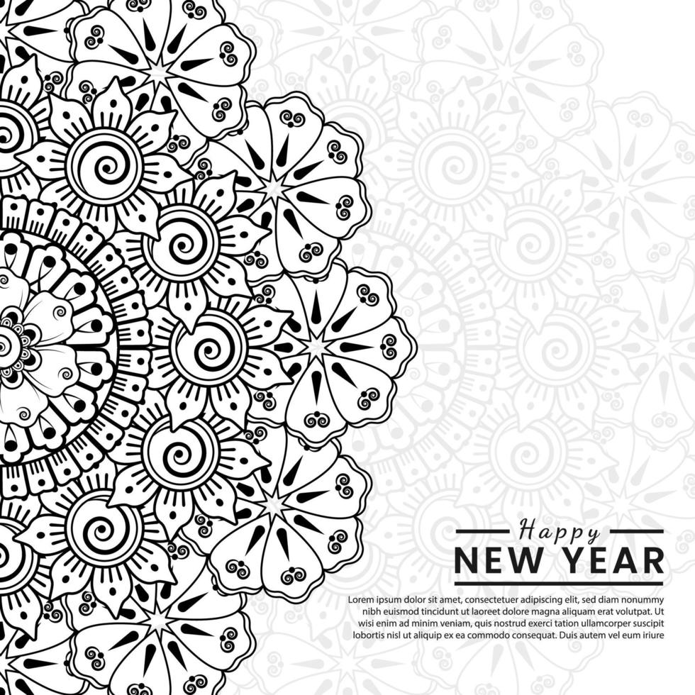 bannière ou modèle de carte de bonne année avec fleur de mehndi vecteur