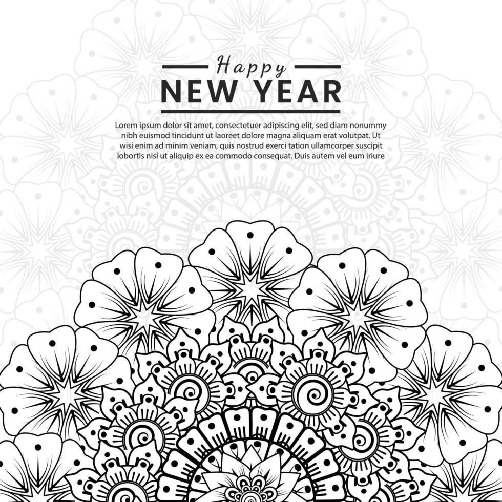 bannière ou modèle de carte de bonne année avec fleur de mehndi vecteur