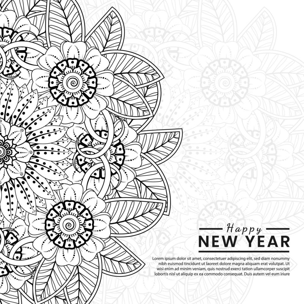 bannière ou modèle de carte de bonne année avec fleur de mehndi vecteur