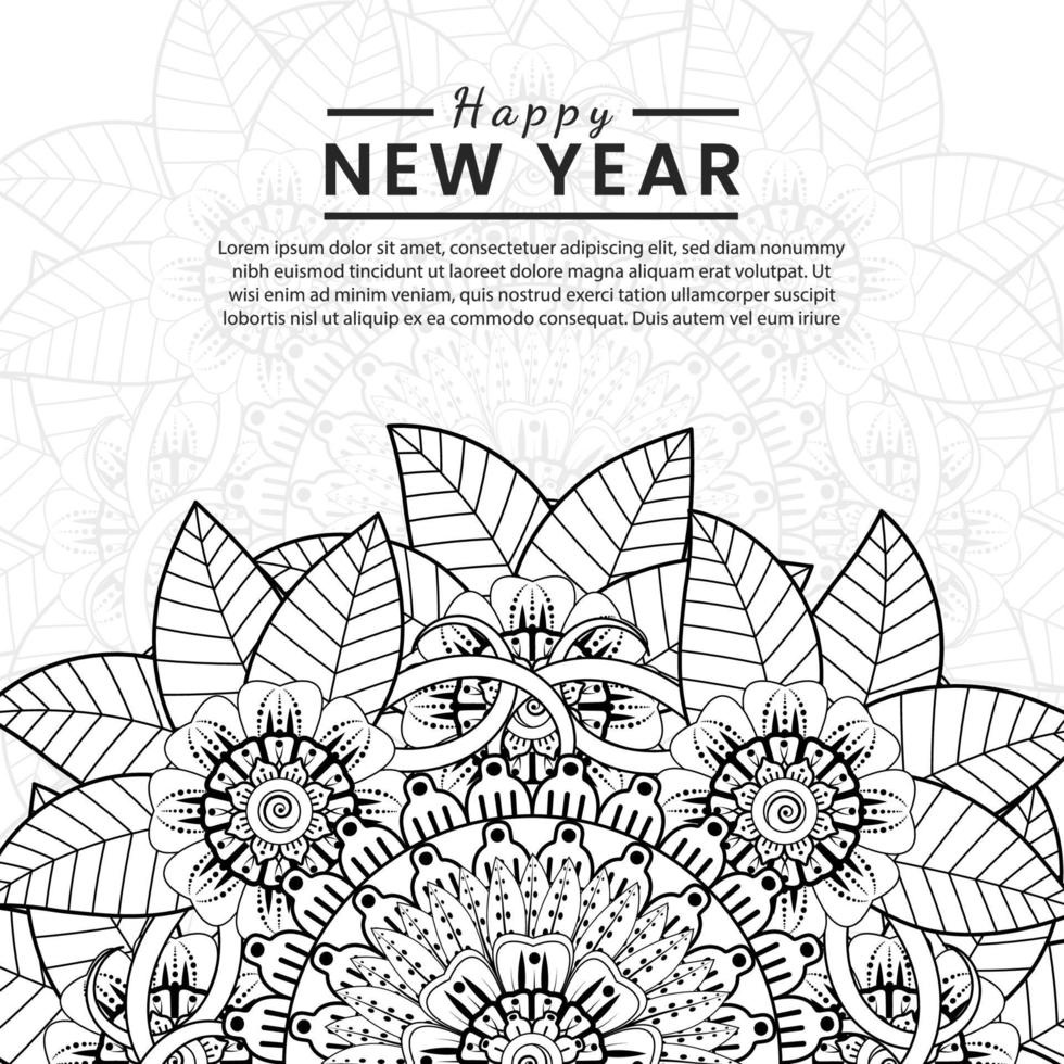 bannière ou modèle de carte de bonne année avec fleur de mehndi vecteur