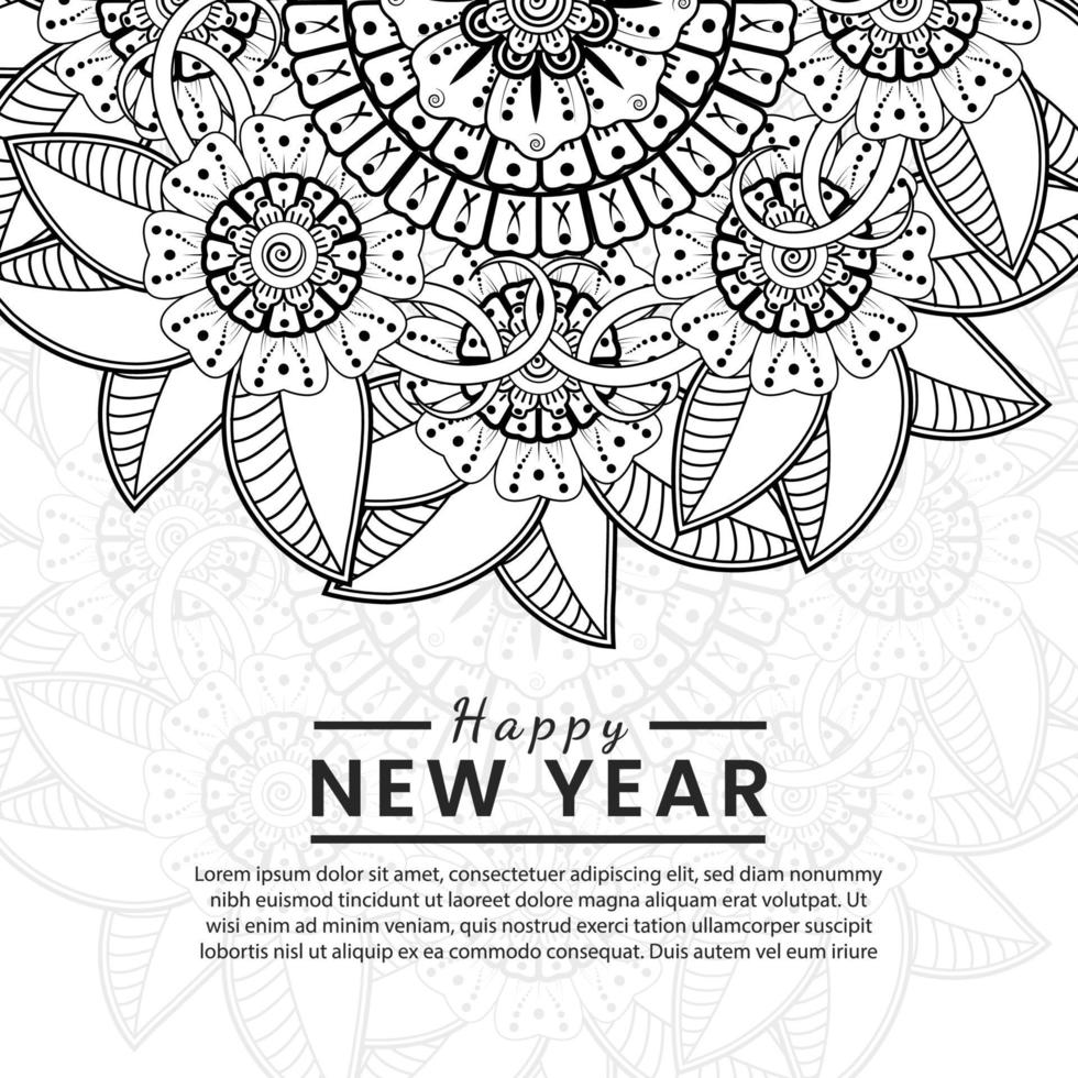 bannière ou modèle de carte de bonne année avec fleur de mehndi vecteur