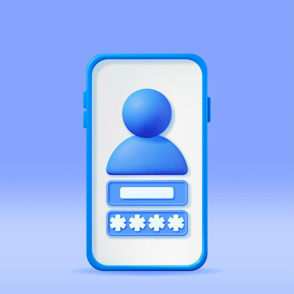 3d utilisateur s'identifier forme page dans téléphone intelligent. rendre mot de passe caché étoiles dans signe dans compte. ordinateur Les données protection, Sécurité et confidentialité. sécurité, chiffrement et confidentialité. vecteur illustration