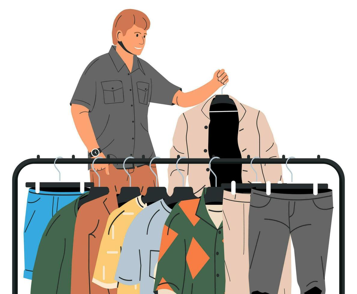 homme près grille avec vêtements. Pour des hommes vêtements sur cintre. Accueil ou magasin garde-robe. vêtements et accessoires. divers pendaison vêtements. veste, chemise, jeans, pantalon. dessin animé plat vecteur illustration