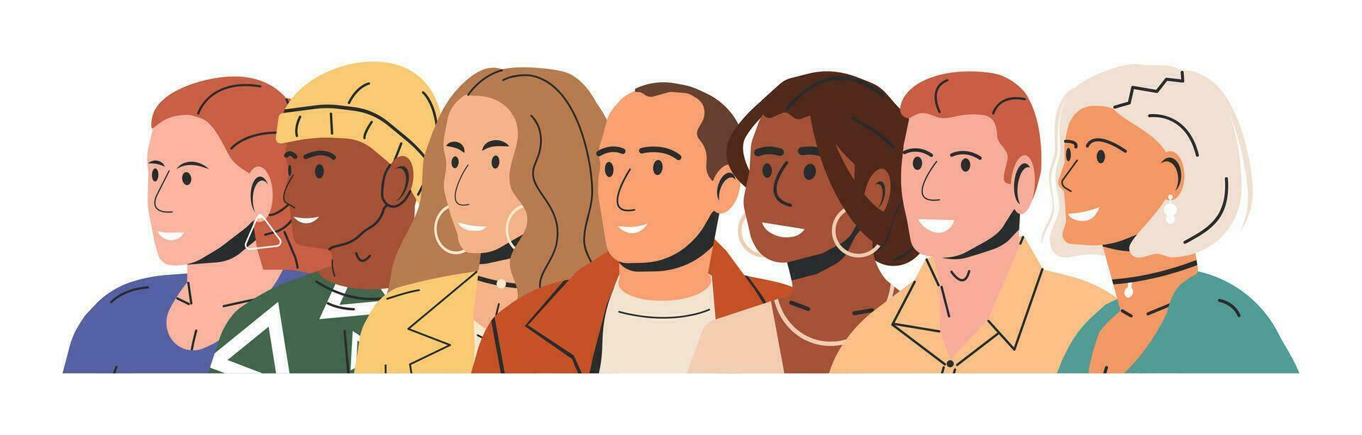 diverse multiculturel et multiracial gens grouper. homme et femme dans branché tenue permanent ensemble. gens avec différent coiffures et ethnies dans décontractée vêtements. plat vecteur illustration