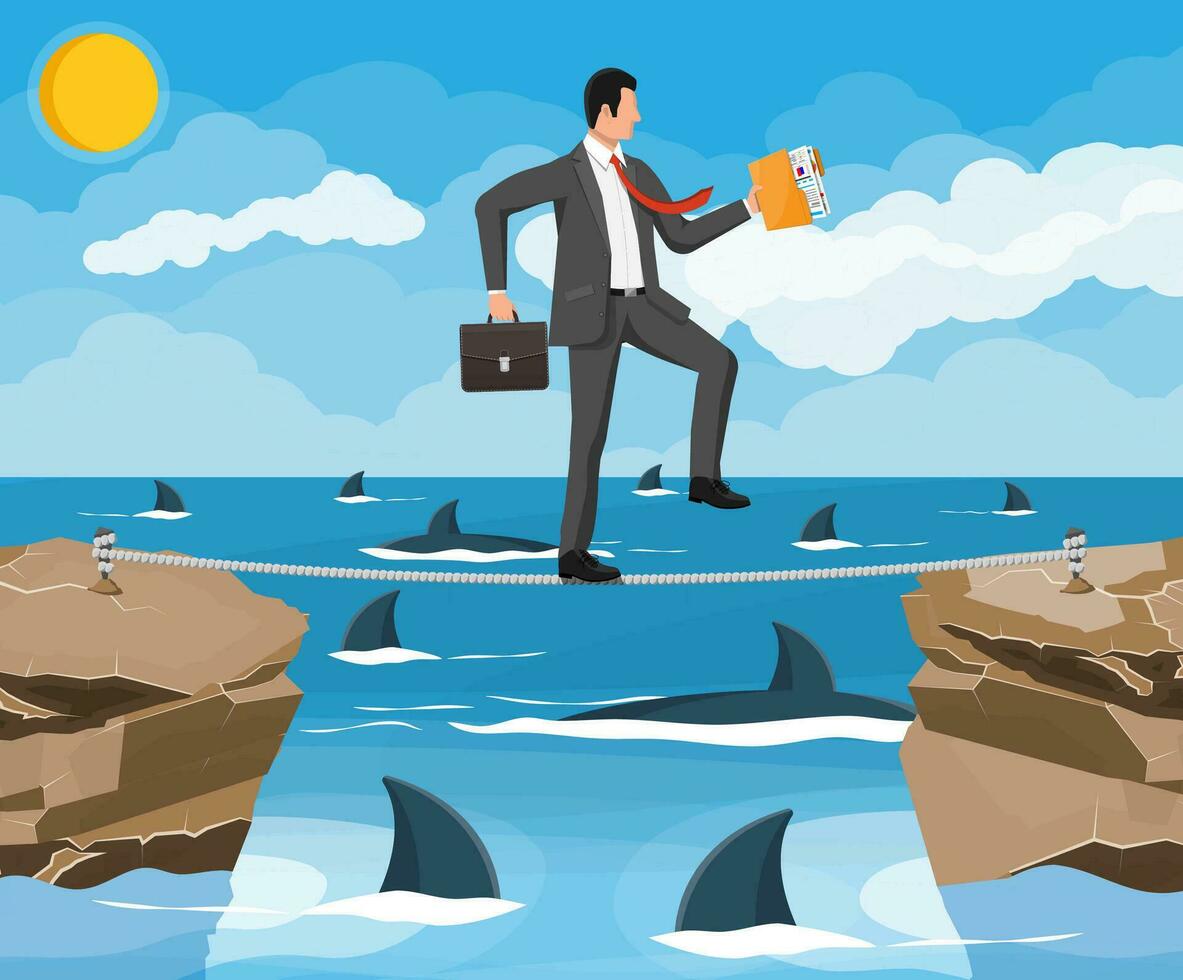 homme d'affaire en marchant une corde raide plus de requin dans l'eau. homme d'affaire dans costume en marchant sur corde avec mallette. obstacle sur route, financier crise. risque la gestion défi. plat vecteur illustration