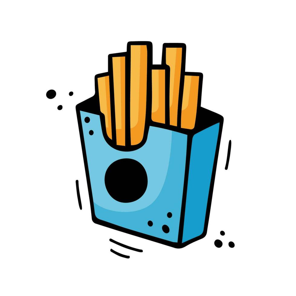 esquisser de français frites boîte. main tiré vite nourriture illustration dans griffonnage style. esquisser de une portion de frit pomme de terre. coloré français frites main tiré avec feutre stylo. vecteur