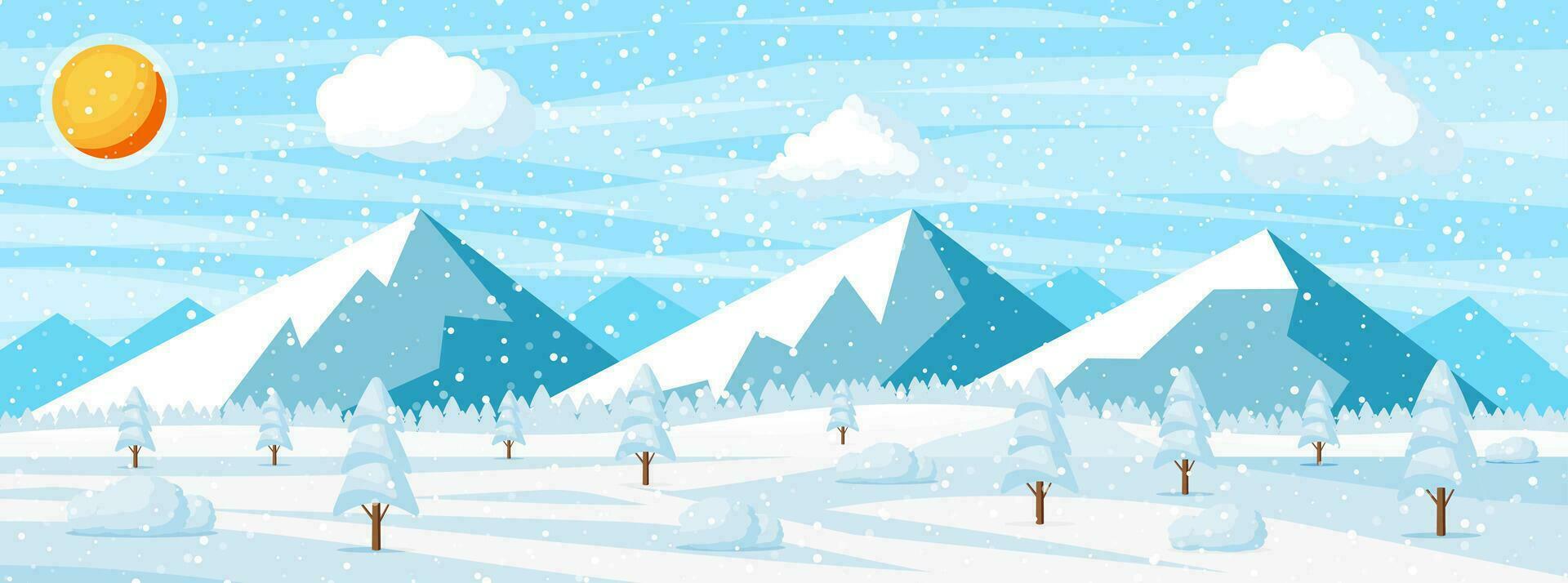 hiver Noël Contexte. pin arbre bois et neige. hiver paysage avec sapin des arbres forêt, Montagne et il neige. content Nouveau année fête. Nouveau année Noël vacances. vecteur illustration plat style