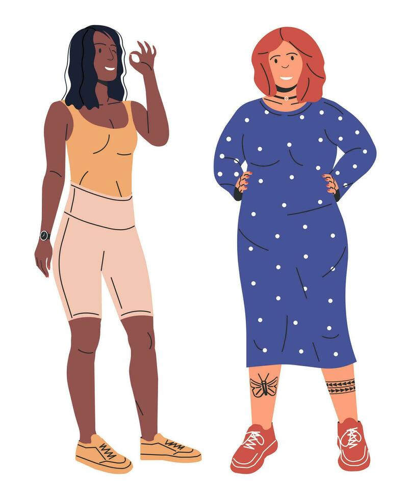 plus Taille contre en forme femme. femelle corps en surpoids et svelte comparaison. fille sportif et en surpoids. différent corps les types. corps positif, sport, tolérance, divers, féminisme. plat vecteur illustration