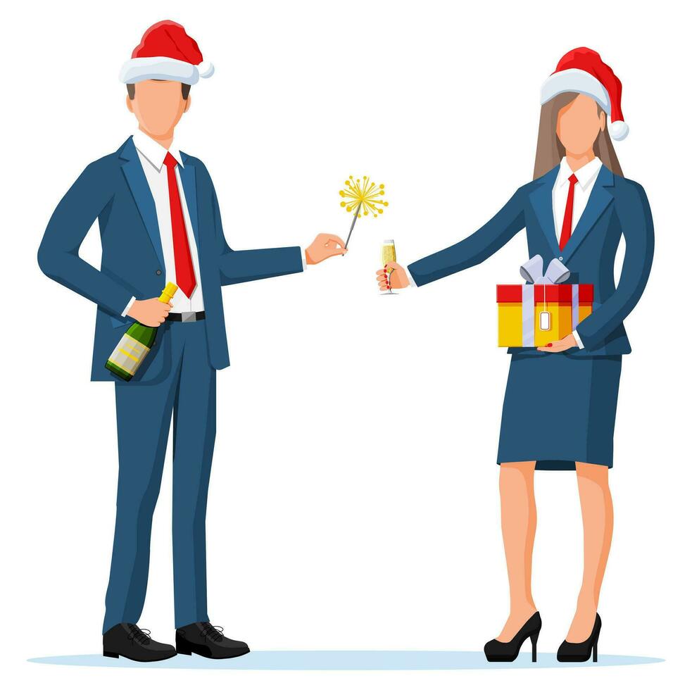 affaires gens dans Noël Chapeaux sur vacances. Bureau collègues avec Champagne et cadeau. affaires femme et homme fête de Nouveau an. Bureau faire la fête, entreprise vacances. plat vecteur illustration