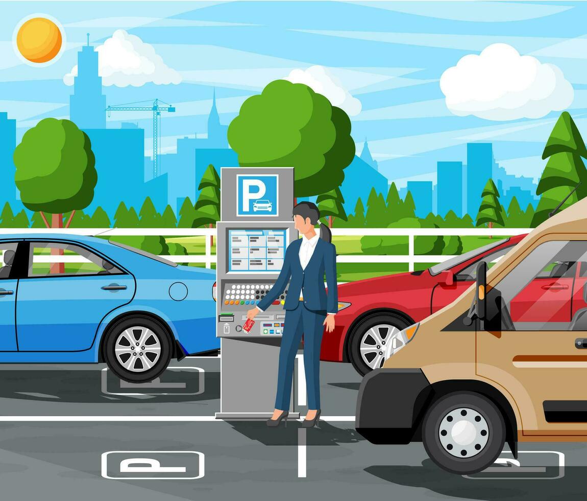 femme Payer pour voiture parc avec parking mètre paysage urbain. billet machine icône. femelle voiture chauffeur et sedan véhicule. soi un service parking payer. électronique Paiement Terminal. dessin animé plat vecteur illustration