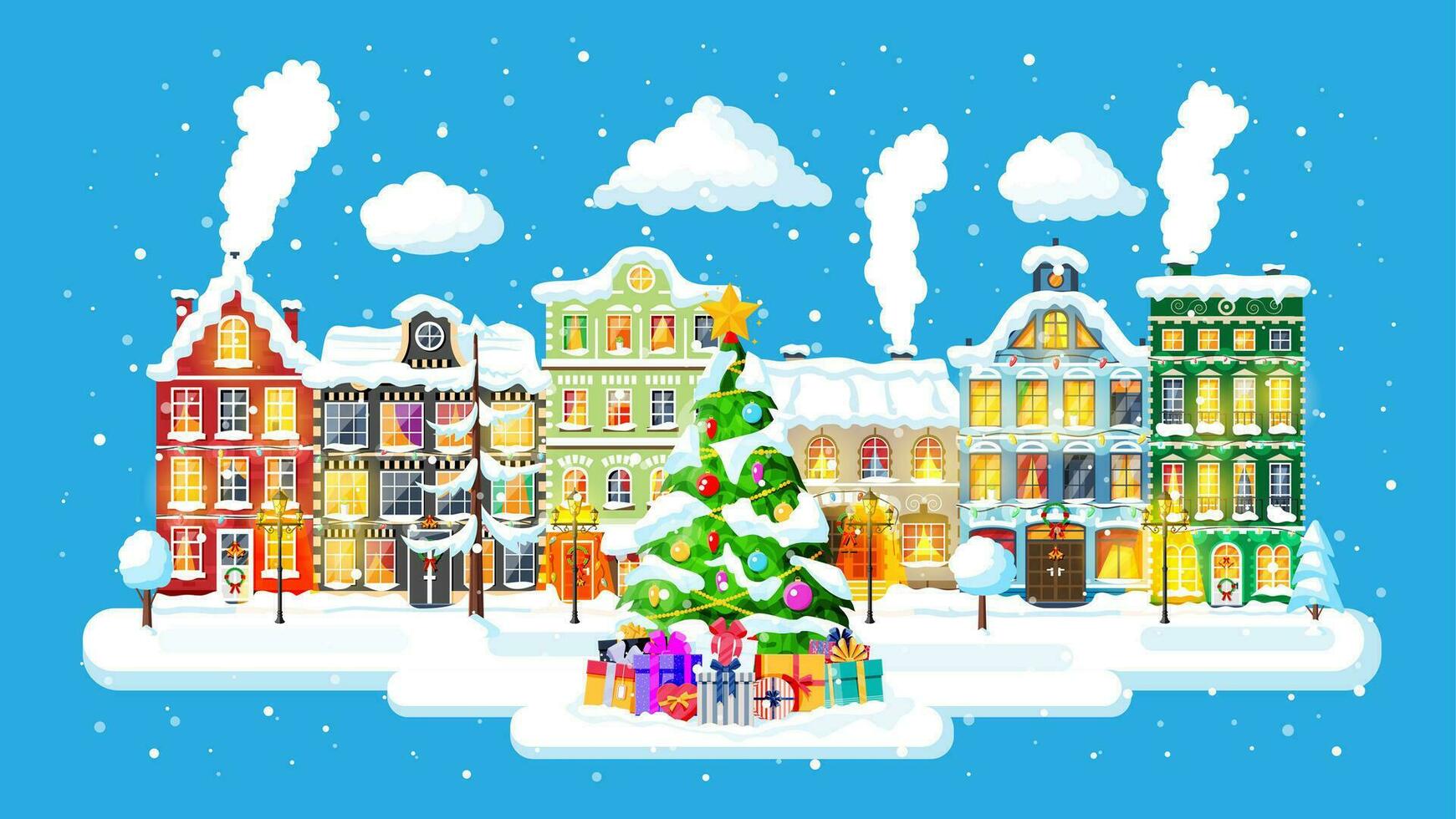 Noël carte avec Urbain paysage et chute de neige. paysage urbain avec coloré Maisons avec neige dans nuit. hiver village, confortable ville ville panorama. Nouveau année Noël Noël bannière. plat vecteur illustration