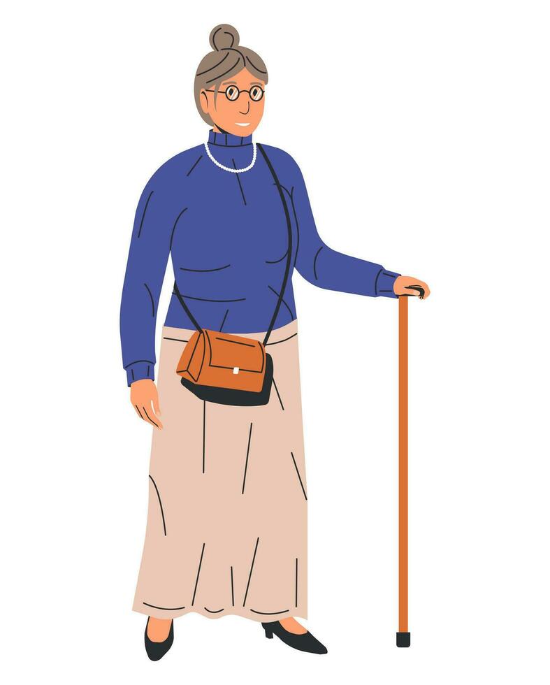 élégant personnes âgées femme avec canne isolé. branché vieux Dame dans décontractée été tenue avec bâton. Sénior femelle personnage. mode grand-mère avec sac portant jupe. dessin animé plat vecteur illustration