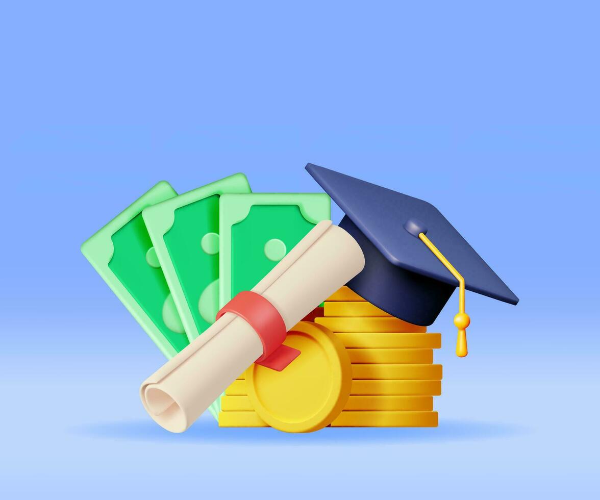 3d l'obtention du diplôme casquette et diplôme avec or pièce de monnaie et dollar billets de banque isolé. rendre en espèces argent pour éducation, des économies et investissement concept. académique et école connaissance. vecteur illustration