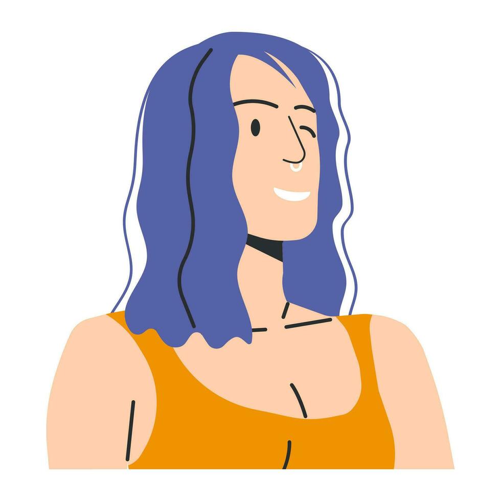 fille avec bleu cheveux clins d'oeil isolé sur blanche. moderne femmes. adulte femelle personnage, femme d'affaires ou fille dans décontractée robe. dessin animé plat vecteur illustration