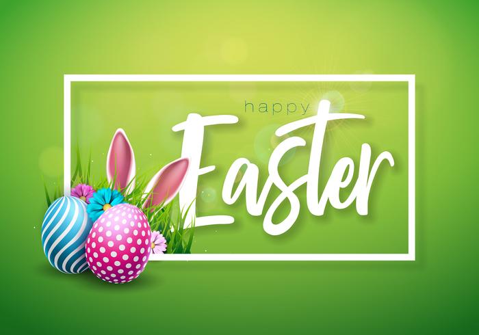 Illustration vectorielle de joyeuses fêtes de Pâques avec oeuf peint, oreilles de lapin et fleur vecteur