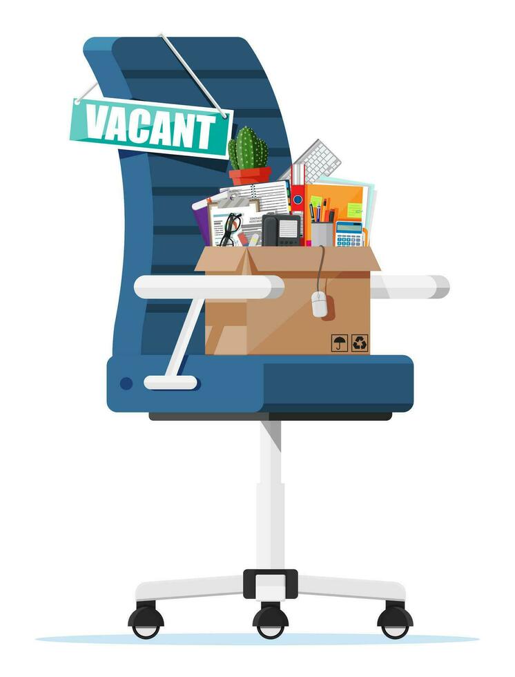 Bureau chaise, signe poste vacant. boîte avec Bureau marchandises. embauche et recrutement. Humain Ressources la gestion concept, recherche professionnel personnel, travail. a trouvé droite CV. vecteur illustration dans plat style