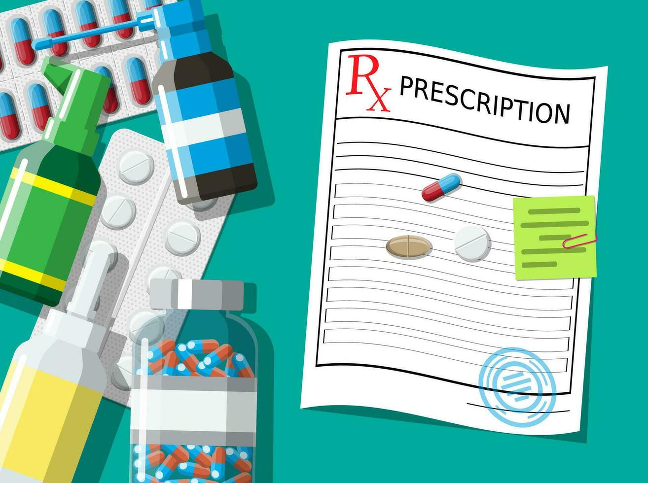 ordonnance rx, pilules, capsules pour maladies et douleur traitement. prise des médicaments concept. médical médicament, vitamine, antibiotique. soins de santé et pharmacie. vecteur illustration dans plat style