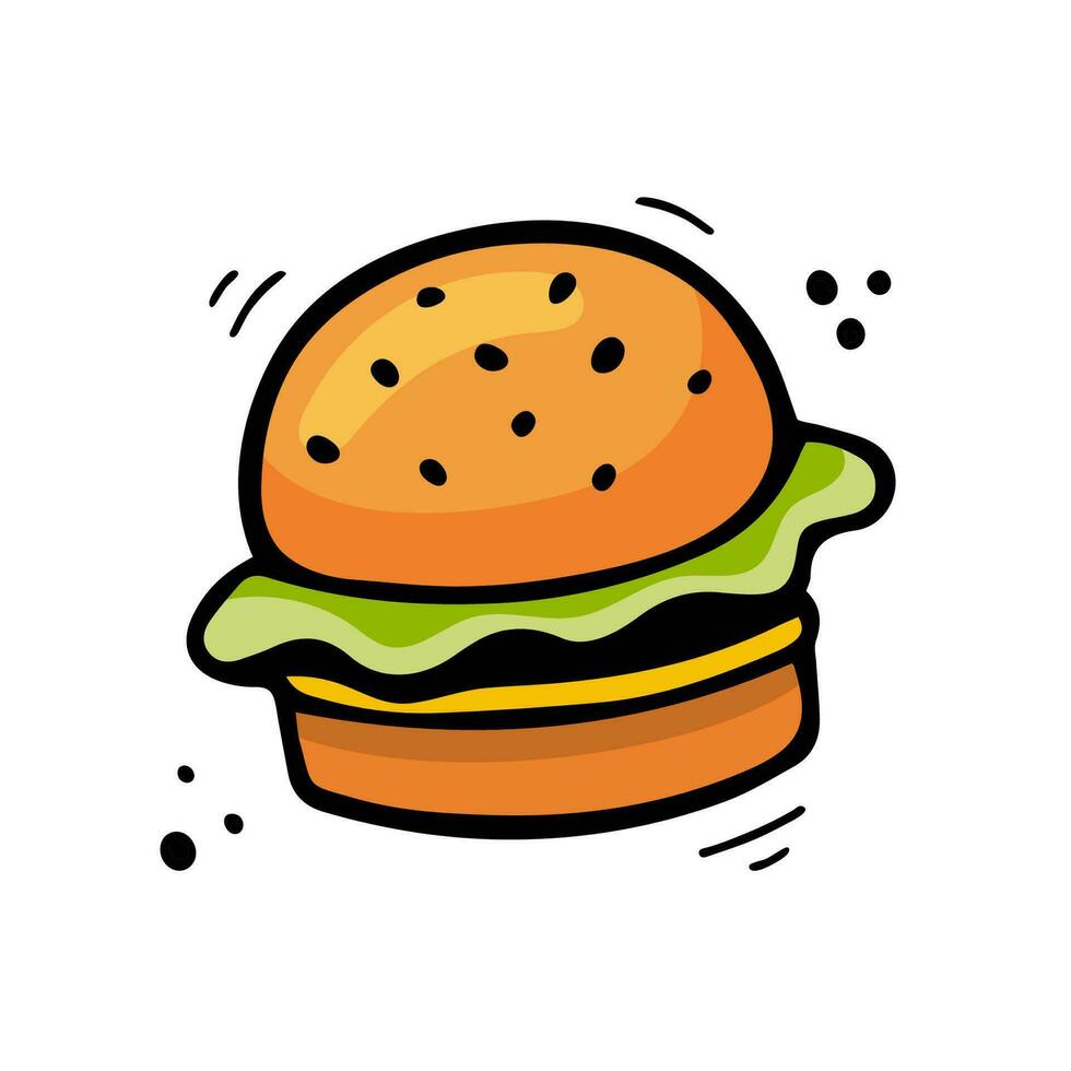 cheeseburger illustration. vite nourriture illustration dans griffonnage style. main tiré esquisser de Hamburger. coloré Burger tiré avec feutre stylo. vecteur
