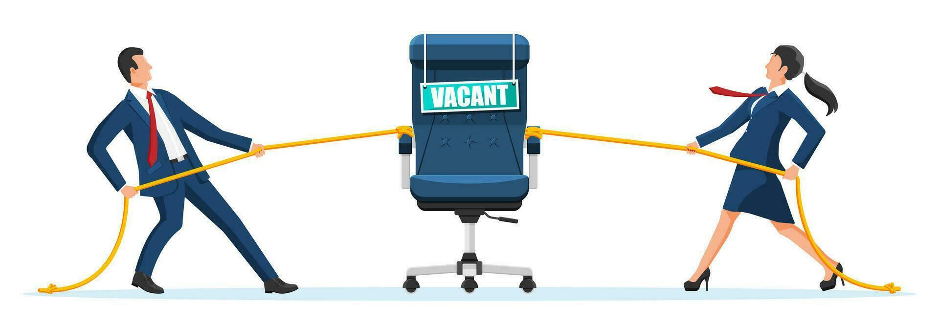 Bureau chaise signe poste vacant. homme et femme avec corde contre chaque autre. embauche et recrutement. Humain Ressources la gestion recherche professionnel Personnel travail. a trouvé droite CV. plat vecteur illustration