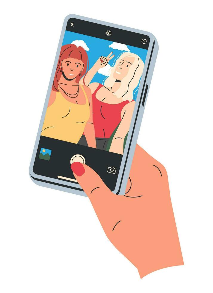 couple de élégant femme prise selfie ensemble. copines ou lesbienne couple dans branché décontractée vêtements. les filles en utilisant téléphone intelligent à prendre selfie. élégant femelle personnages. plat vecteur illustration