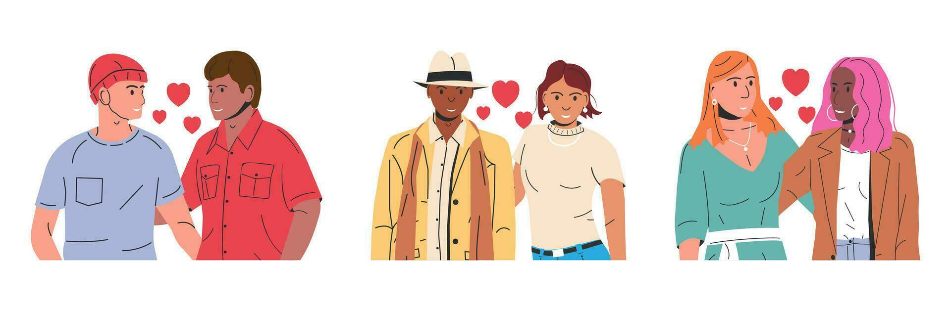 collection de différent les types de des couples. ensemble de divers des relations. la polygynie, interracial, gay, lesbienne, hétérosexuel personnes. lgbt fierté, le sexe identité, l'amour diversité. plat vecteur illustration