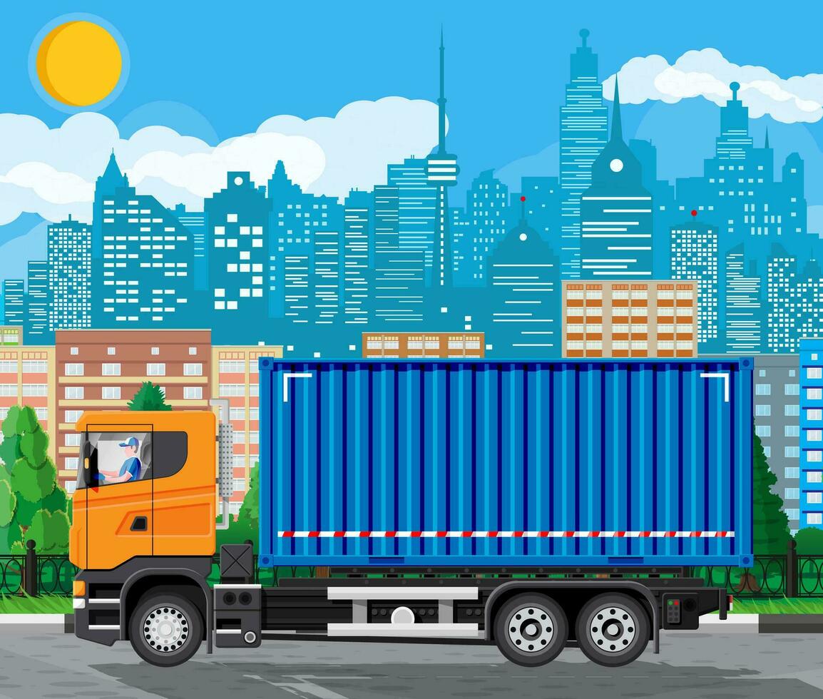 livraison récipient véhicule à paysage urbain Contexte. Express livrer prestations de service commercial camion. concept de vite et gratuit livraison par auto. cargaison et la logistique. dessin animé plat vecteur illustration