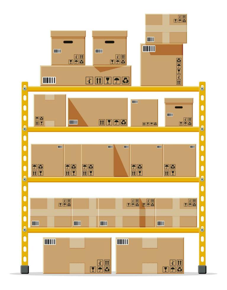 métallique étagères avec carton marron des boites. des biens et récipient emballer. pile papier carton des boites ensemble. livraison emballage ouvert et fermé boîte avec fragile panneaux. vecteur illustration dans plat style