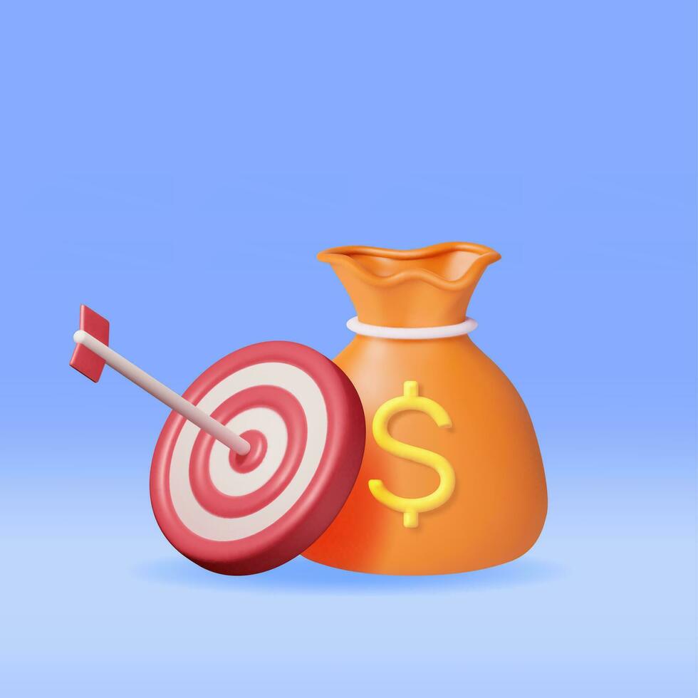 3d pièce de monnaie sac et cible avec La Flèche isolé. rendre jeu de fléchettes avec La Flèche et argent sac. affaires ou la finance cible concept. ciblage public. réussite et succès. vecteur illustration