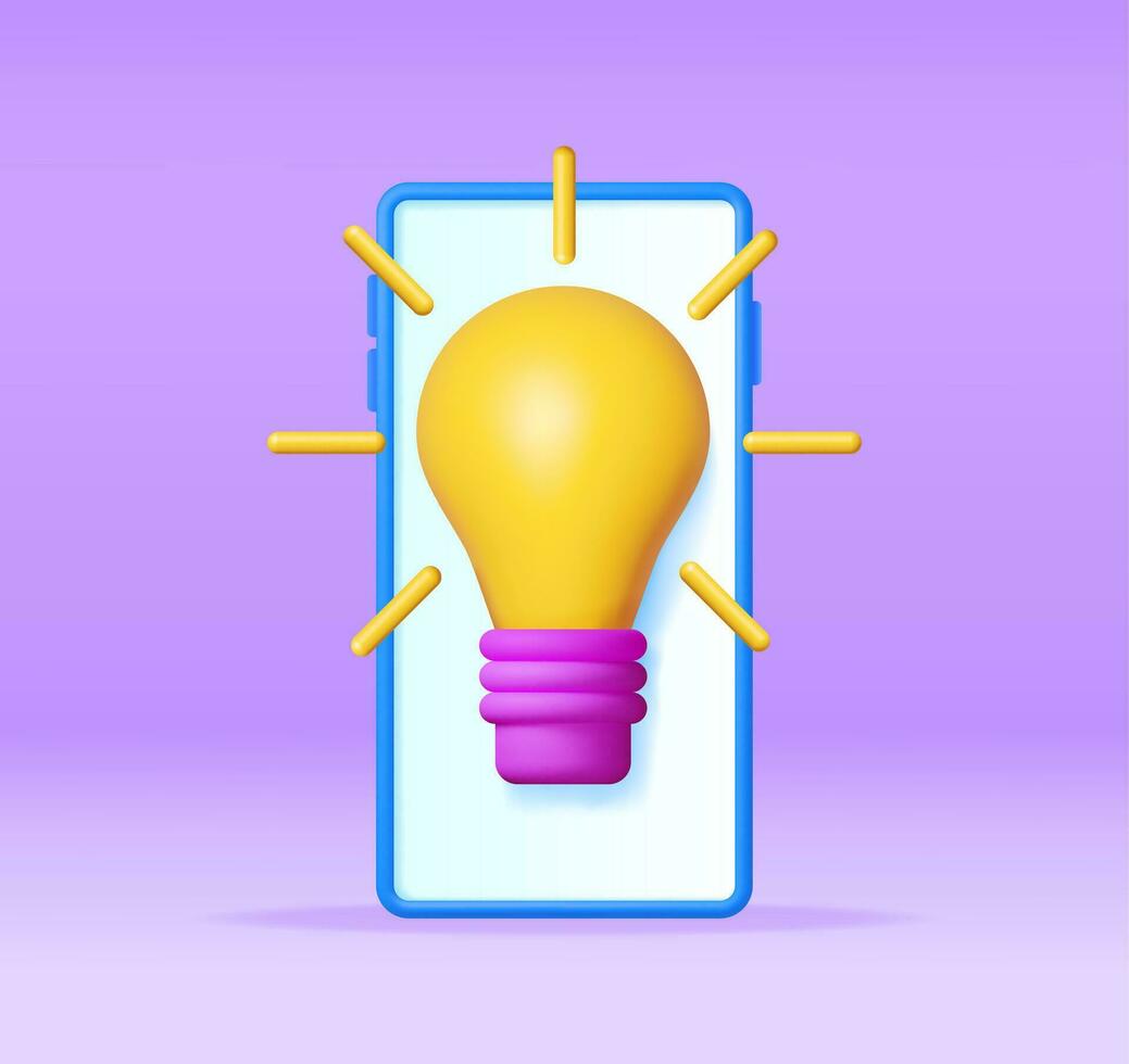 3d lumière ampoule sur téléphone intelligent filtrer. rendre dessin animé Jaune idée ampoule icône. verre ampoule symbole. Créatif idée inspiration. réflexion développement. affaires Solution Commencez. vecteur illustration