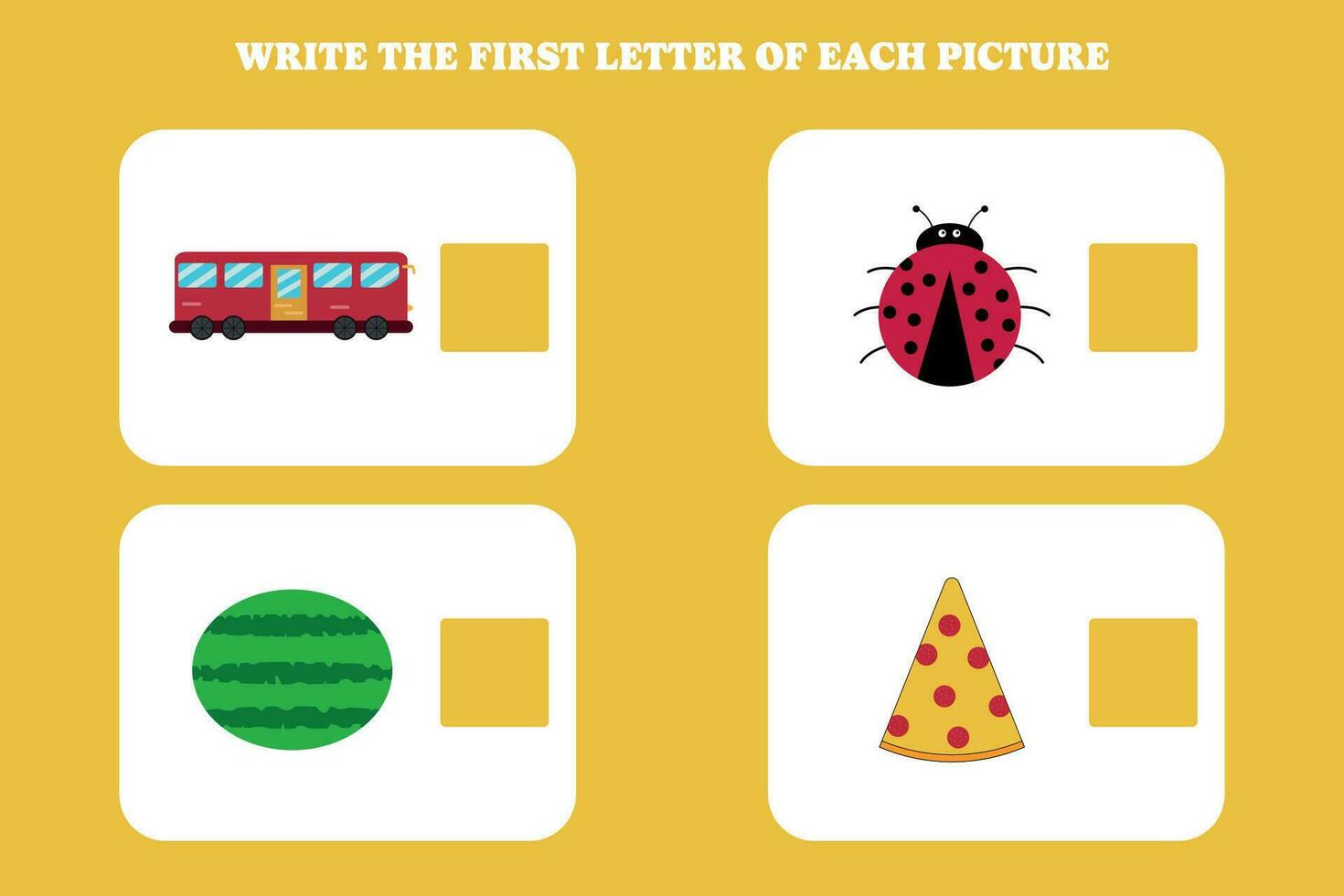 écrire le premier lettre de chaque photo. éducatif Jeu pour préscolaire, Jardin d'enfants ou élémentaire enfants. vecteur