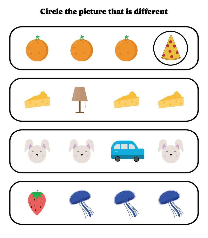 cercle le différent photo. éducatif Jeu pour enfants. cerveau taquin pour préscolaire, Jardin d'enfants et élémentaire étudiants. vecteur