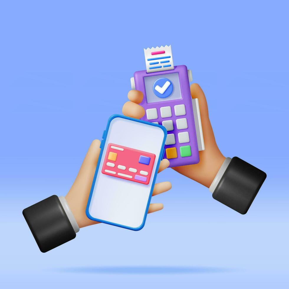 3d Paiement Terminal dans main avec téléphone intelligent et reçu. rendre moderne pos banque Paiement appareil. Paiement nfc clavier machine. crédit débit carte lecteur sans contact Paiement transaction vecteur illustration