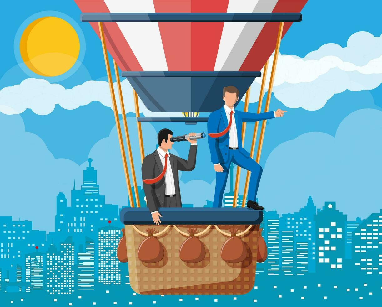 affaires gens sur air ballon. homme d'affaire avec longue-vue. équipe travail, collaboration. recherche affaires Solution et stratégie. Succès réussite affaires vision carrière but. plat vecteur illustration