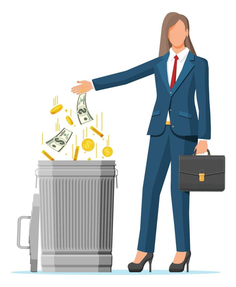 femme d'affaires en mettant d'or pièces de monnaie et dollar factures dans poubelle. des ordures déchets investissement. perdant ou gaspillage argent, dépenses excessives, la faillite ou crise. vecteur illustration dans plat style