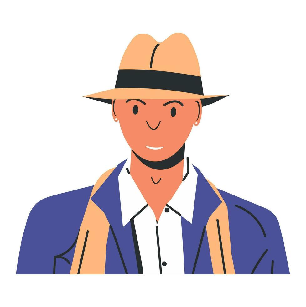 Beau caucasien homme dans décontractée vêtements. élégant blanc homme. content gars isolé. homme d'affaire portant veste, chemise, foulard, chapeau. élégant gens concept. dessin animé plat vecteur illustration