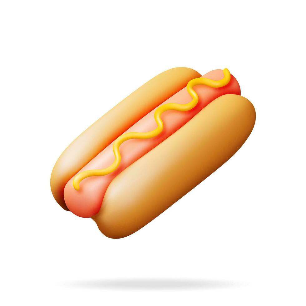 3d chaud chien avec moutarde isolé sur blanche. rendre Hot-dog icône. saucisse avec chignon et moutarde. vite nourriture concept. graisse, mauvais pour la santé aliments. dessin animé vecteur illustration