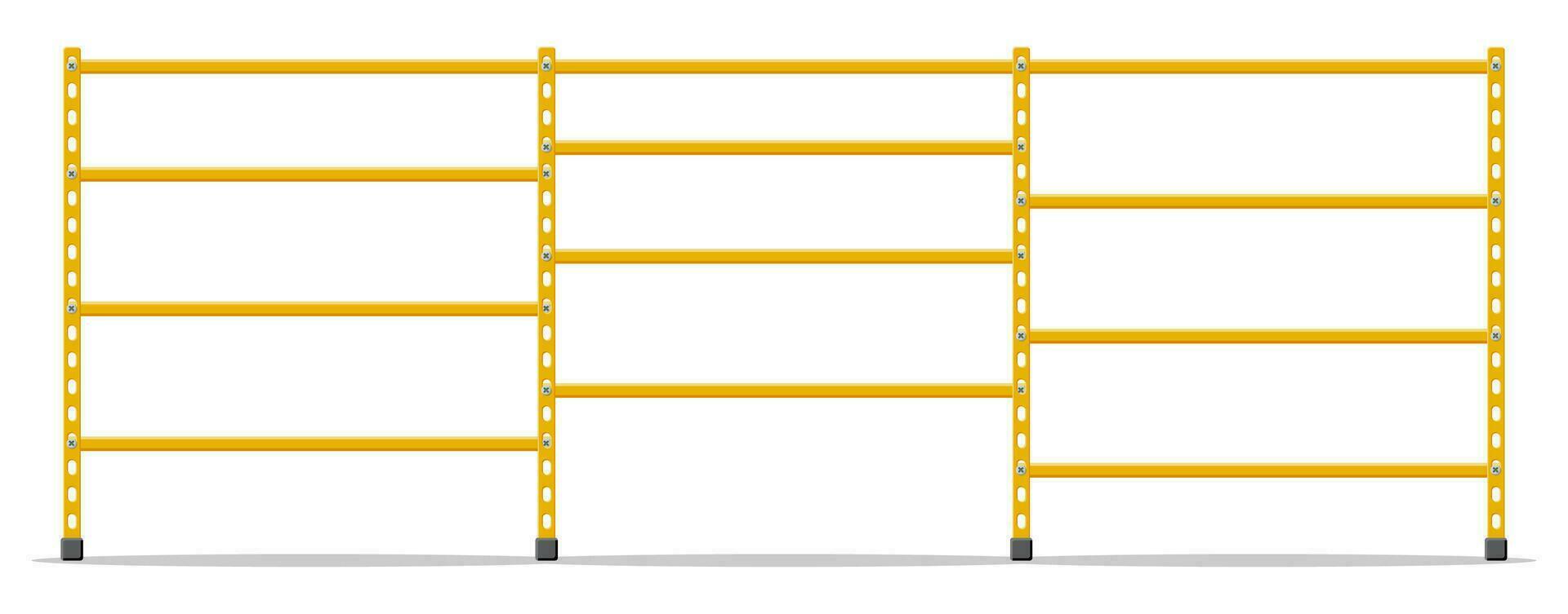 métal Jaune permanent étagère. vide métallique espace de rangement étagères isolé sur blanche. entrepôt équipement et outils. la logistique et livraison, boutique intérieur les pièces. dessin animé plat vecteur illustration