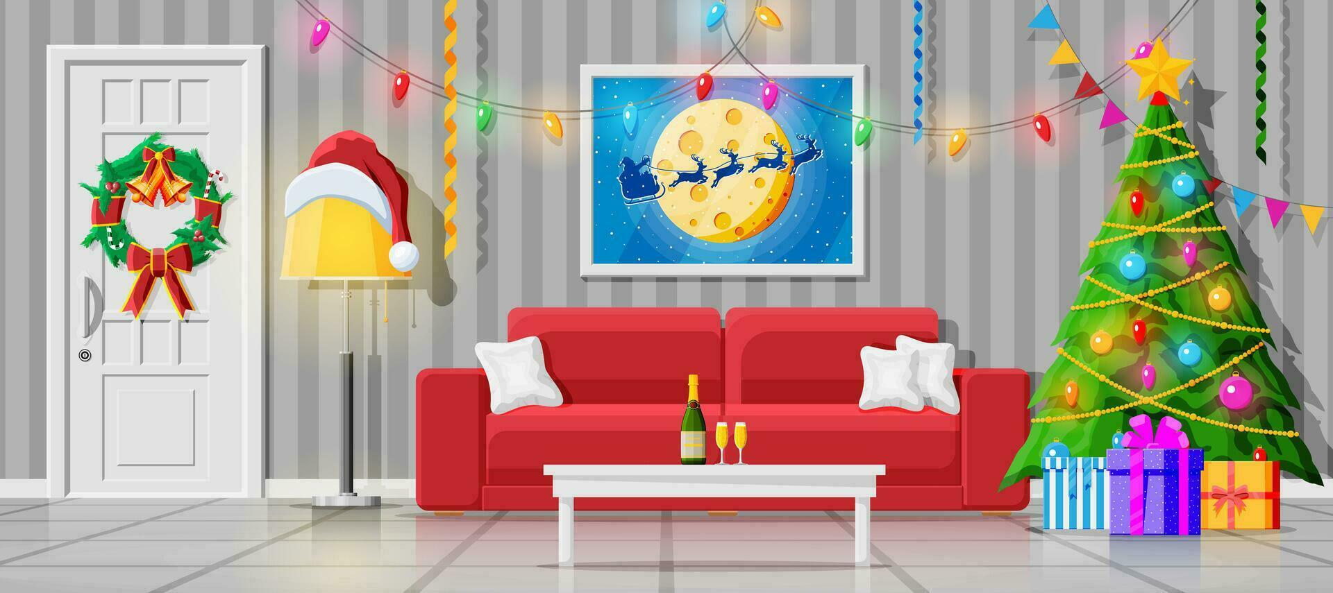 confortable intérieur de vivant pièce avec canapé, tableau, image Cadre et Noël arbre. content Nouveau année décoration. joyeux Noël vacances. Nouveau année et Noël fête. dessin animé plat vecteur illustration